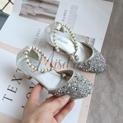 Gold/Silver Sequin Pearls Wedding Flower Girl Shoes Princess Shoes - EU Size 26 / Silver
