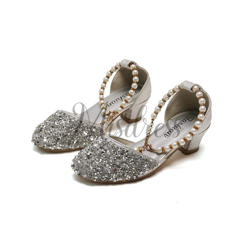 Gold/Silver Sequin Pearls Wedding Flower Girl Shoes Princess Shoes