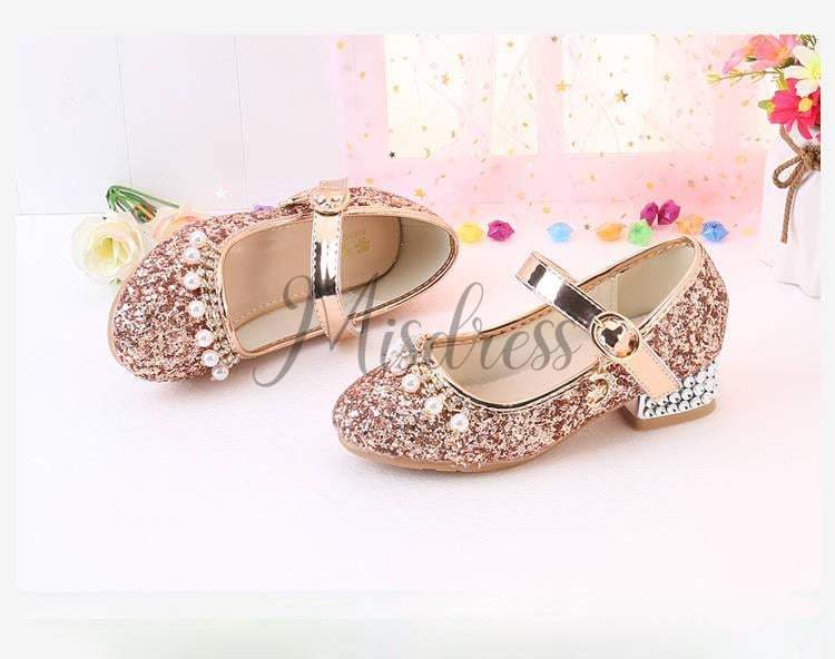 Gold/Silver Sequin Rhinestone Wedding Flower Girl Shoes High Heels Princess Dancing Shoes - EU Size 26 / Gold