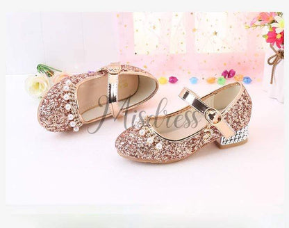 Gold/Silver Sequin Rhinestone Wedding Flower Girl Shoes High Heels Princess Dancing Shoes - EU Size 26 / Gold