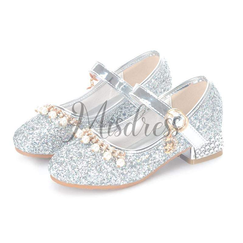 Gold/Silver Sequin Rhinestone Wedding Flower Girl Shoes High Heels Princess Dancing Shoes - EU Size 26 / Silver