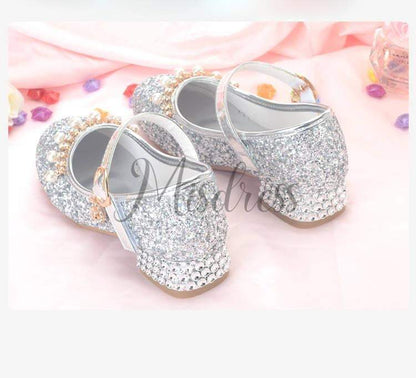 Gold/Silver Sequin Rhinestone Wedding Flower Girl Shoes High Heels Princess Dancing Shoes