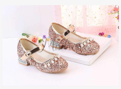 Gold/Silver Sequin Rhinestone Wedding Flower Girl Shoes High Heels Princess Dancing Shoes