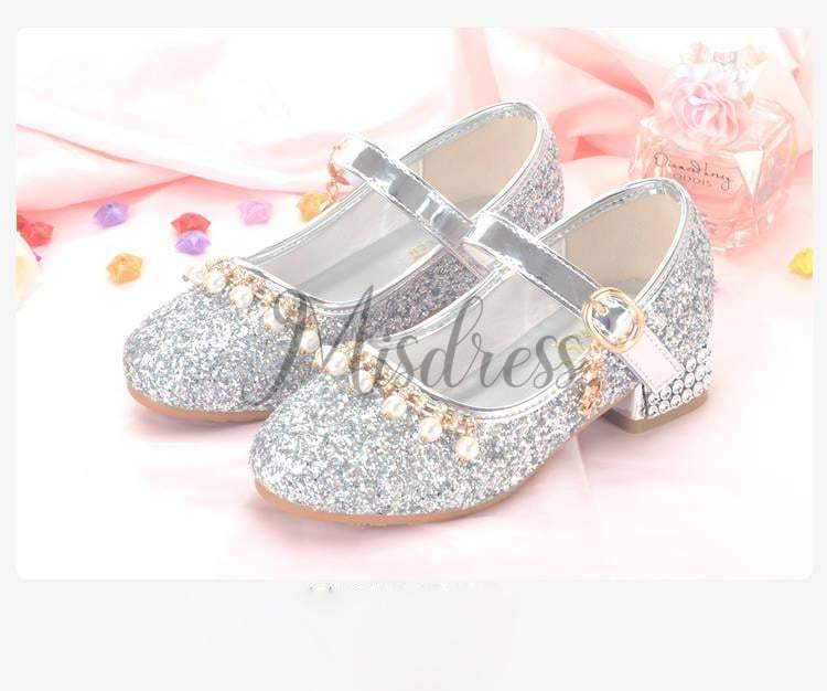 Gold/Silver Sequin Rhinestone Wedding Flower Girl Shoes High Heels Princess Dancing Shoes