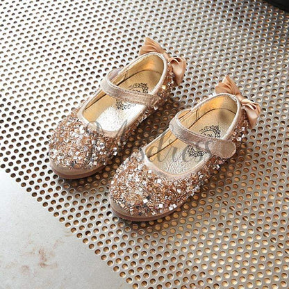 Gold/Silver/Pink Leather Bow Sequin Flower Girl Shoes Wedding Party Princess Shoes - EU Size 22 / Gold