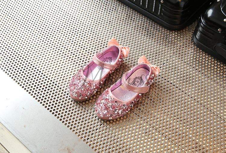 Gold/Silver/Pink Leather Bow Sequin Flower Girl Shoes Wedding Party Princess Shoes - EU Size 22 / Pink