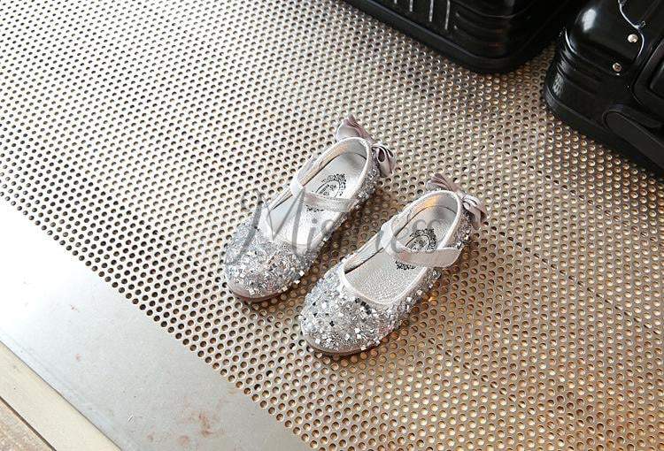 Gold/Silver/Pink Leather Bow Sequin Flower Girl Shoes Wedding Party Princess Shoes - EU Size 22 / Silver