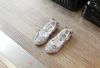 Gold/Silver/Pink Leather Bow Sequin Flower Girl Shoes Wedding Party Princess Shoes - EU Size 22 / Silver