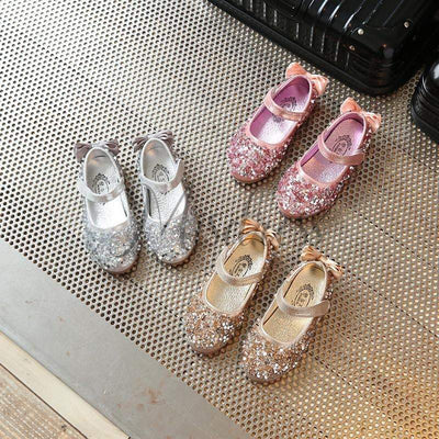 Gold/Silver/Pink Leather Bow Sequin Flower Girl Shoes Wedding Party Princess Shoes