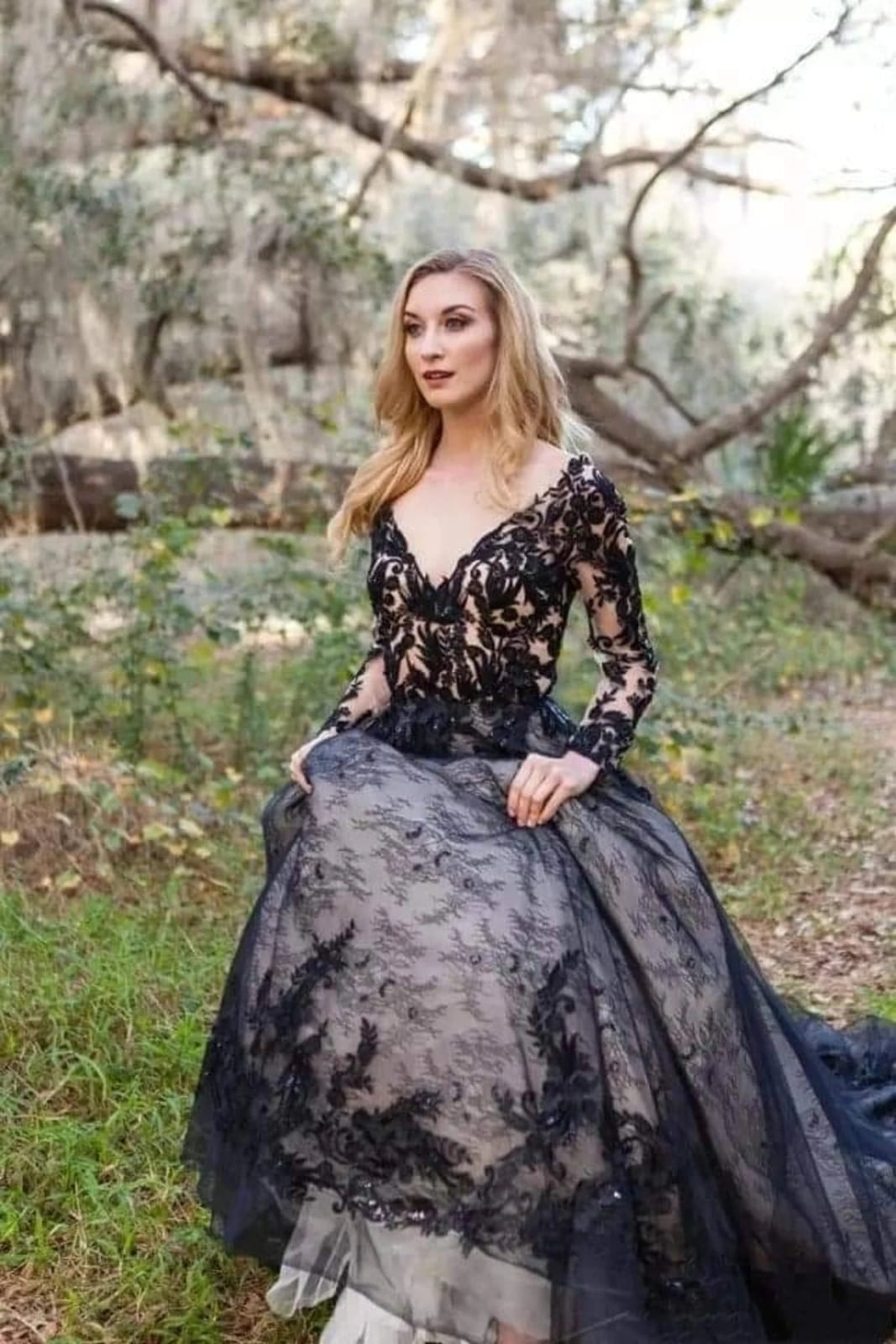 Black Floral A-line Wedding Dress With V-neckline And Spaghetti Straps |  Kleinfeld Bridal