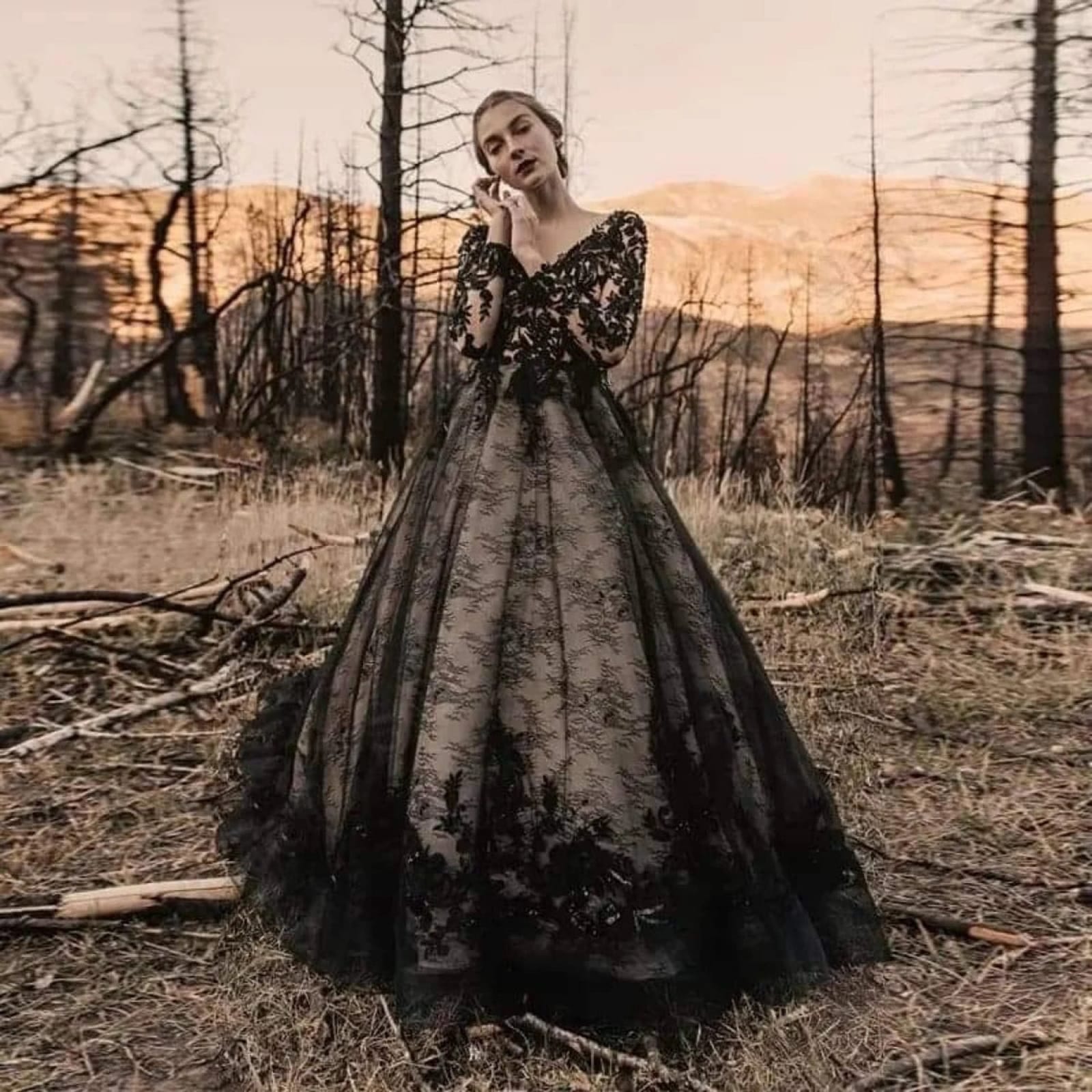 black and wedding dress Gothic A-line V Neck Long Sleeve Chapel Lace timelessly elegant wedding dress. Simple Tight Bodycon 17th Ecom Style:MN1E208394 Size:36B