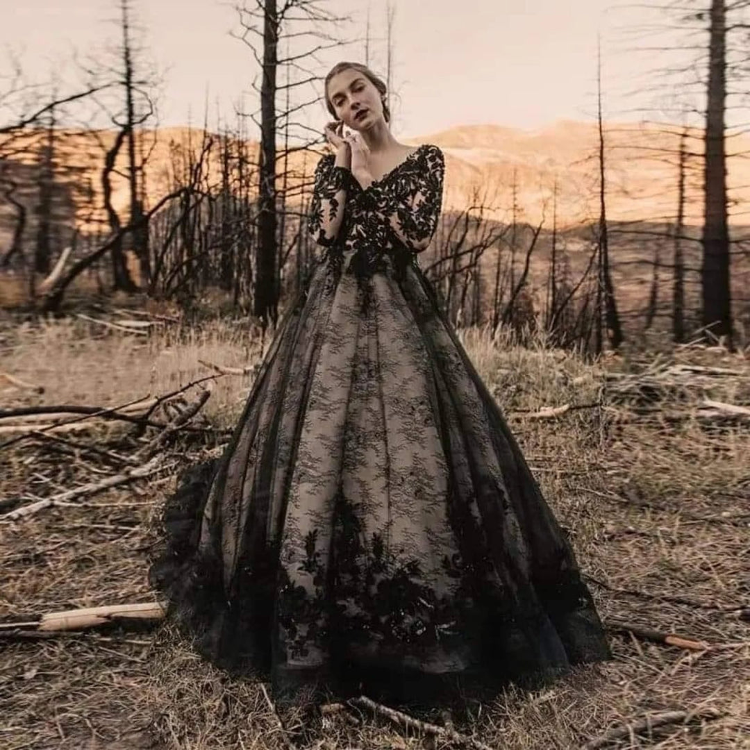 Gothic A-line V Neck Long Sleeve Chapel Black Lace Wedding Dress | Misdress Gothic A-line V Neck Long Sleeve Chapel Black Lace Wedding Dress | Misdress