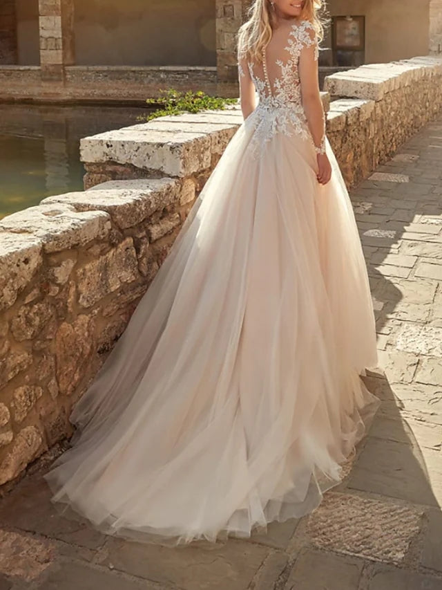 A-Line Illusion Scoop Neck Long Sleeve Lace Champagne Tulle Wedding Dress A-Line Illusion Scoop Neck Long Sleeve Lace Champagne Tulle Wedding Dress