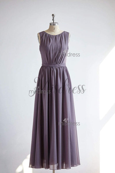 V Back Gray Chiffon Long Wedding Bridesmaid Dress - Bridesmaid Dresses