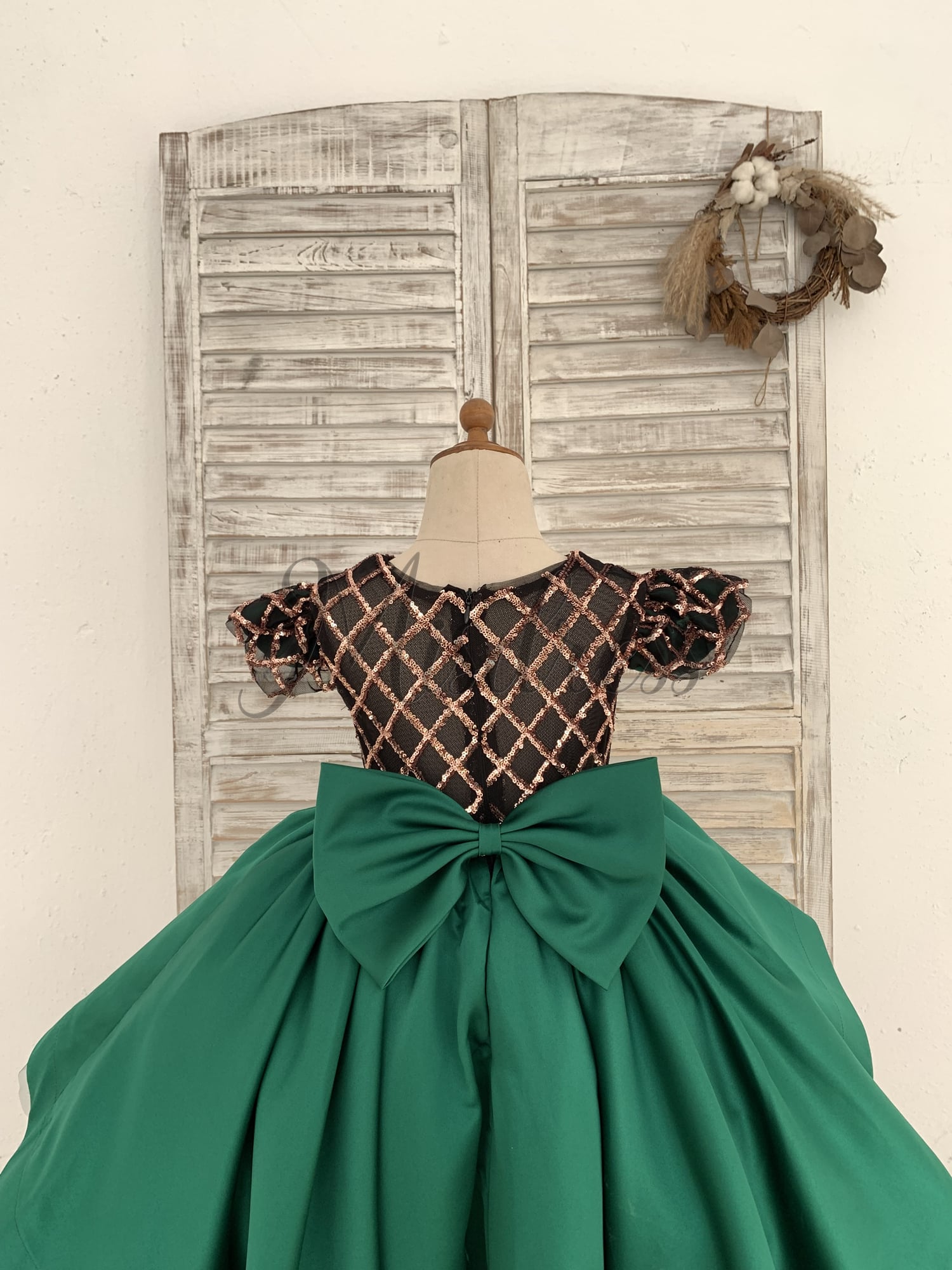 Hi-Low Green Satin Rose Gold Sequin Tulle Cap Sleeves Wedding Flower Girl Dress Kids Princess Party Dress