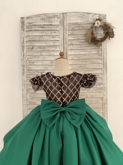 Hi-Low Green Satin Rose Gold Sequin Tulle Cap Sleeves Wedding Flower Girl Dress Kids Princess Party Dress