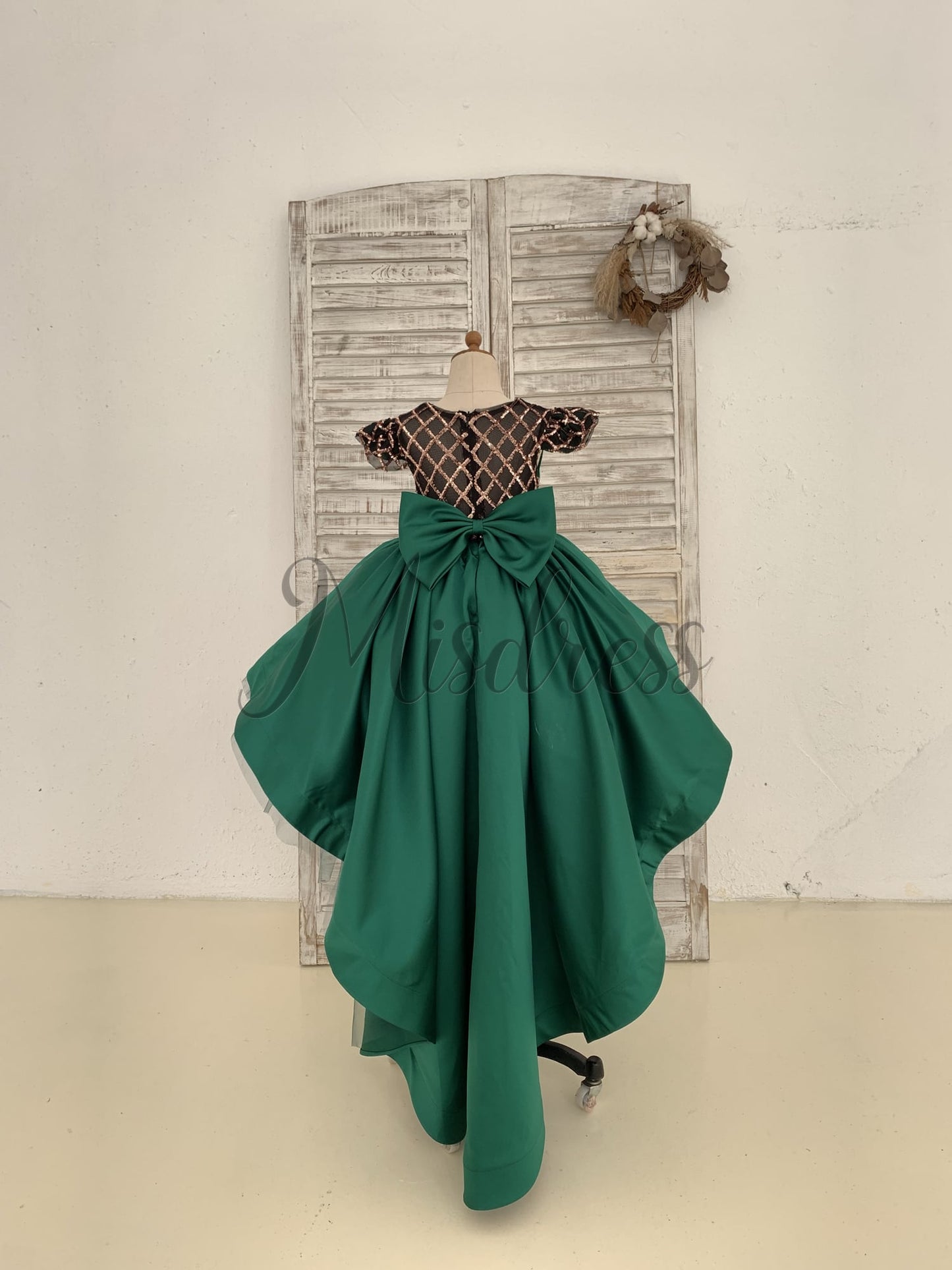 Hi-Low Green Satin Rose Gold Sequin Tulle Cap Sleeves Wedding Flower Girl Dress Kids Princess Party Dress