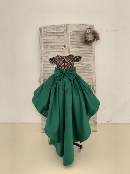 Hi-Low Green Satin Rose Gold Sequin Tulle Cap Sleeves Wedding Flower Girl Dress Kids Princess Party Dress