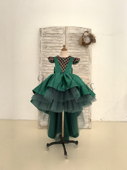 Hi-Low Green Satin Rose Gold Sequin Tulle Cap Sleeves Wedding Flower Girl Dress Kids Princess Party Dress