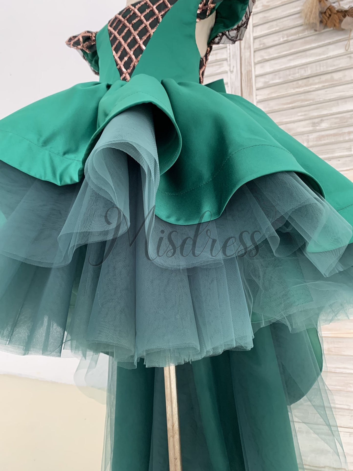 Hi-Low Green Satin Rose Gold Sequin Tulle Cap Sleeves Wedding Flower Girl Dress Kids Princess Party Dress