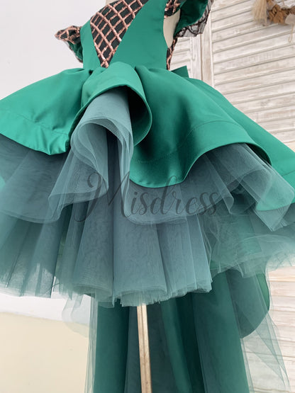 Hi-Low Green Satin Rose Gold Sequin Tulle Cap Sleeves Wedding Flower Girl Dress Kids Princess Party Dress