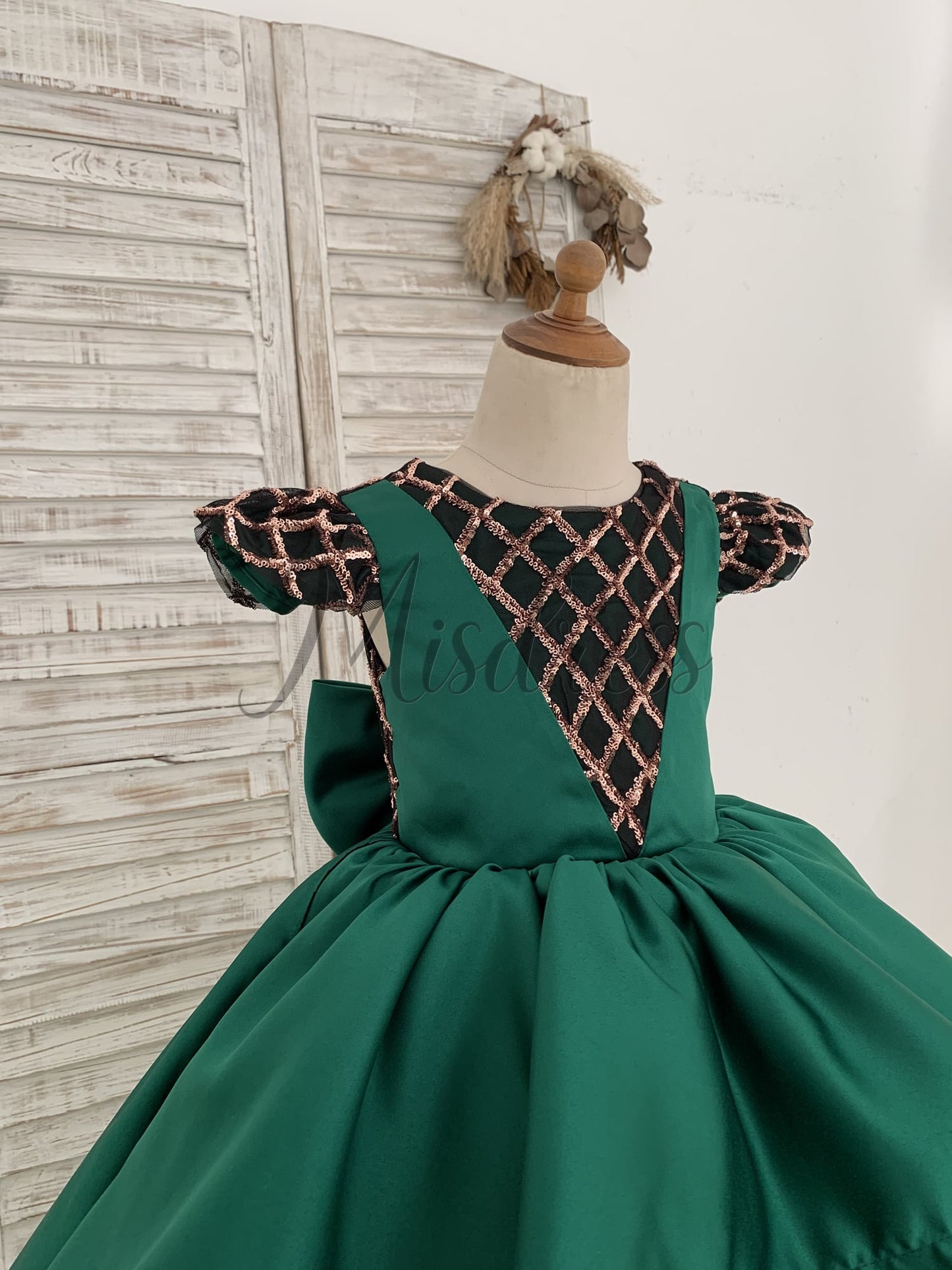Hi-Low Green Satin Rose Gold Sequin Tulle Cap Sleeves Wedding Flower Girl Dress Kids Princess Party Dress