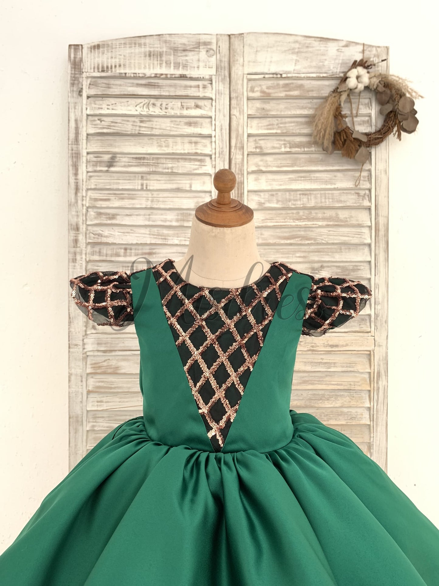 Hi-Low Green Satin Rose Gold Sequin Tulle Cap Sleeves Wedding Flower Girl Dress Kids Princess Party Dress