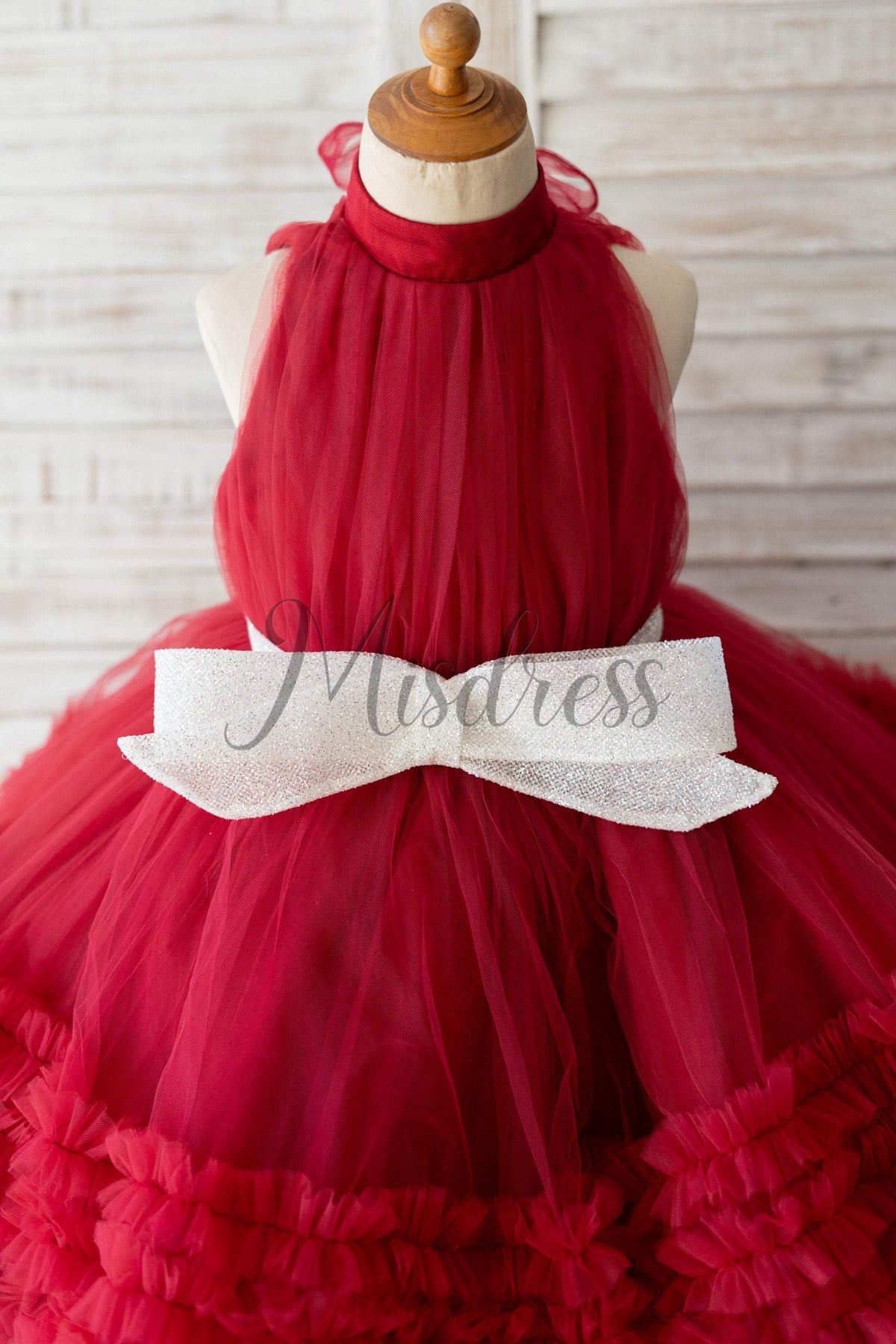 Halter Neck Burgundy Tulle Ruffles Wedding Flower Girl Dress Kids Part | Misdress Halter Neck Burgundy Tulle Ruffles Wedding Flower Girl Dress Kids Part | Misdress