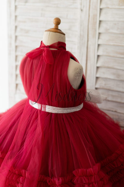 Halter Neck Burgundy Tulle Ruffles Wedding Flower Girl Dress Kids Party Dress
