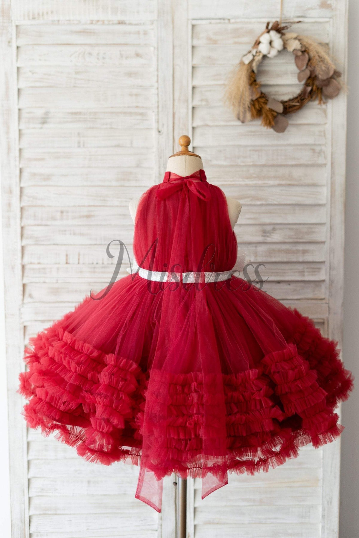 Halter Neck Burgundy Tulle Ruffles Wedding Flower Girl Dress Kids Party Dress 8T