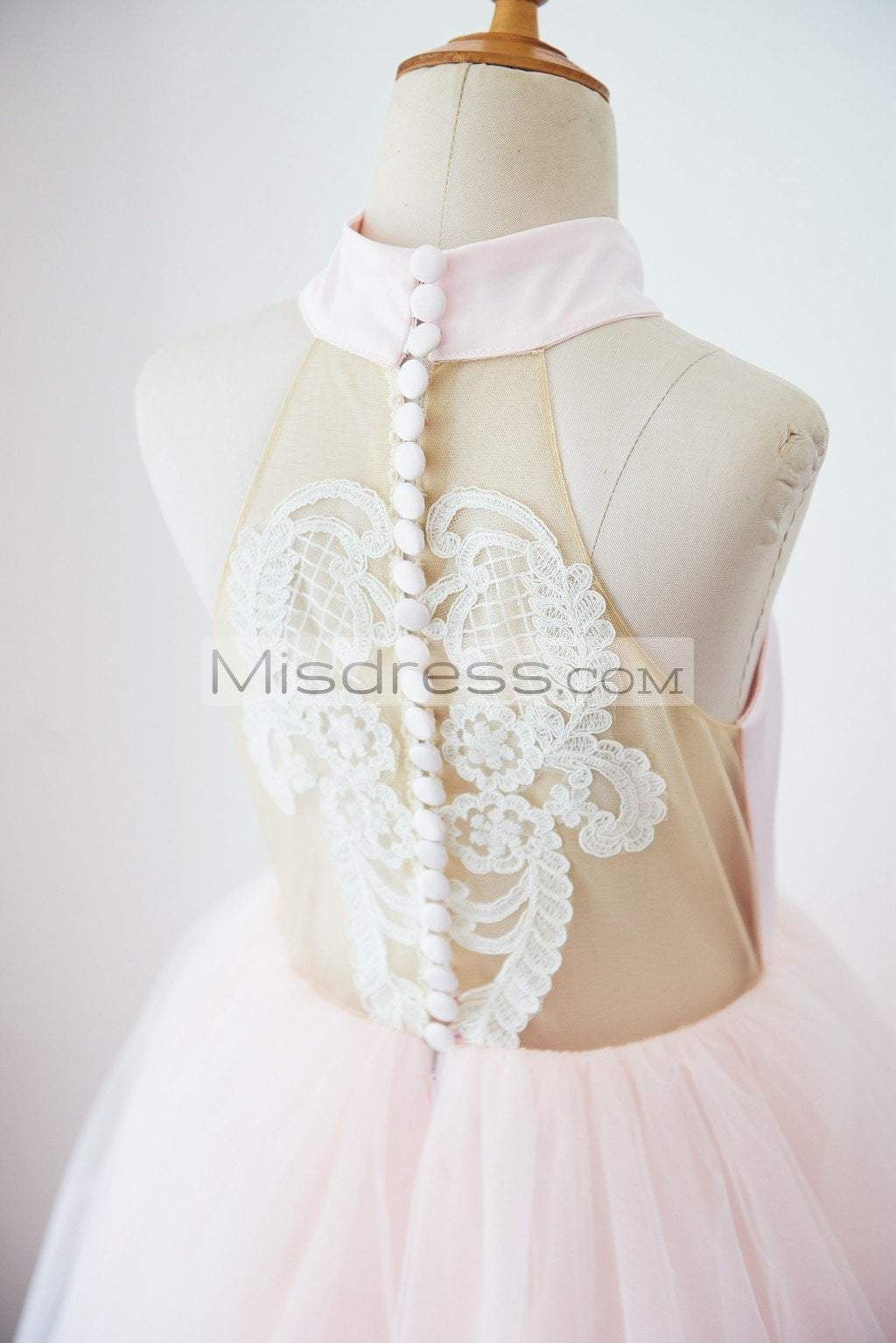 Halter Neckline Ivory Lace Pink Tulle Sheer Back Wedding Flower Girl Dress - Flower Girl Dresses