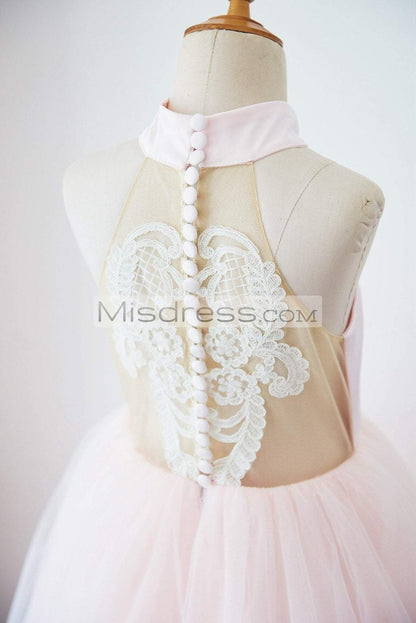 Halter Neckline Ivory Lace Pink Tulle Sheer Back Wedding Flower Girl Dress - Flower Girl Dresses
