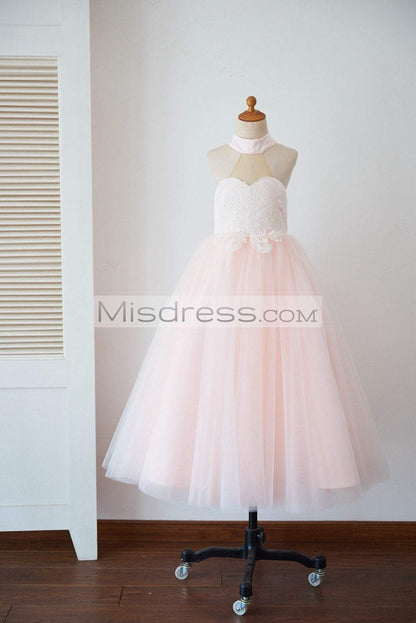 Halter Neckline Ivory Lace Pink Tulle Sheer Back Wedding Flower Girl Dress - Flower Girl Dresses