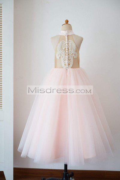Halter Neckline Ivory Lace Pink Tulle Sheer Back Wedding Flower Girl Dress - Flower Girl Dresses