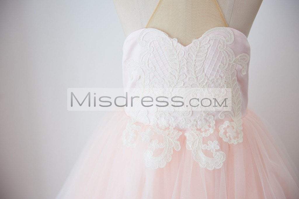Halter Neckline Ivory Lace Pink Tulle Sheer Back Wedding Flower Girl Dress - Flower Girl Dresses