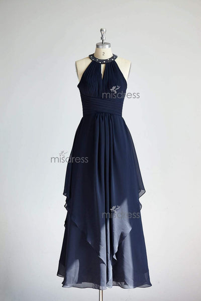 Halter Navy Blue Beaded Chiffon Long Wedding Bridesmaid Dress - Bridesmaid Dresses