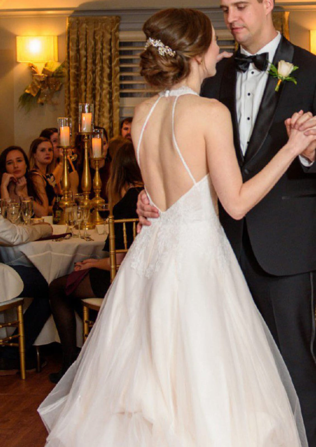 Halter Open Back Sleeveless A-line Court Tulle Wedding Dress, Lace Halter Open Back Sleeveless A-line Court Tulle Wedding Dress, Lace