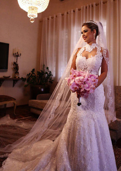High-Neck Sleeveless Court Sequin Lace Mermaid Wedding Dress