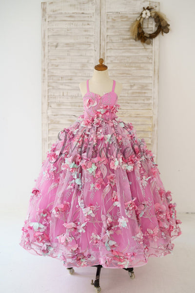 Hot Pink 3D Flower Spaghetti Straps Wedding Flower Girl Dress Kids Party Dress - 2T