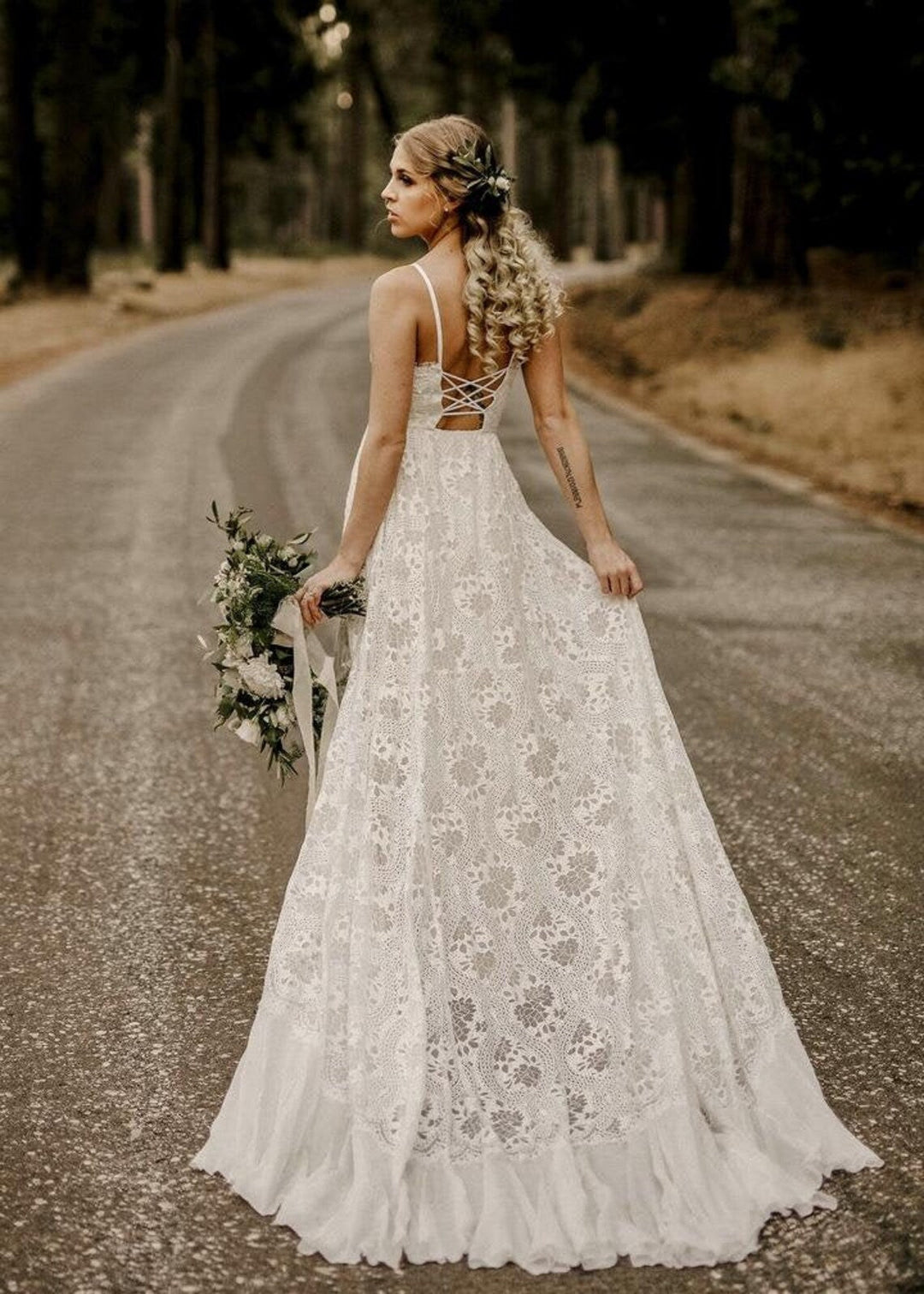 Boho A-line Double Straps Floor Length French Lace Wedding Dress | Misdress Boho A-line Double Straps Floor Length French Lace Wedding Dress | Misdress