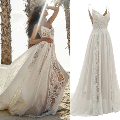 Bohemian Spaghetti Straps V-neck Lace-up Court Lace Wedding Dress