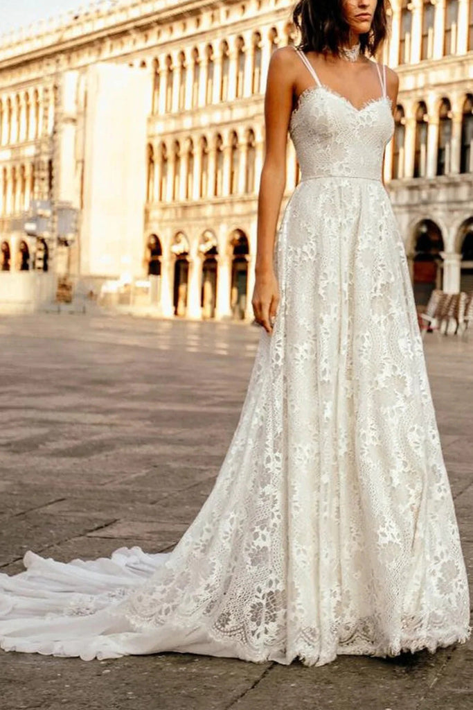 french lace dresses weddings Boho A-line Double Straps Floor Length Wedding Dress COLORS_Brown white corded French lace Silk Satin Colors:Dark Burgundy 577 Wedding High Neck Style