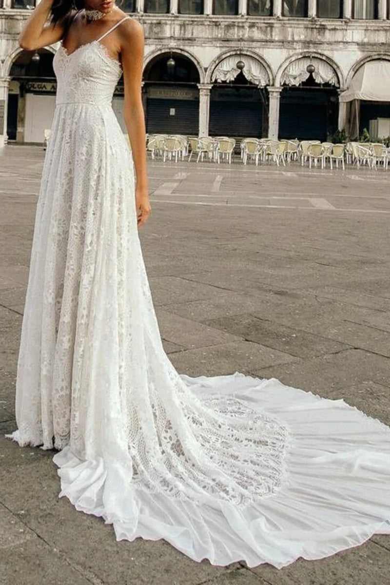 Boho A-line Double Straps Floor Length French Lace Wedding Dress | Misdress