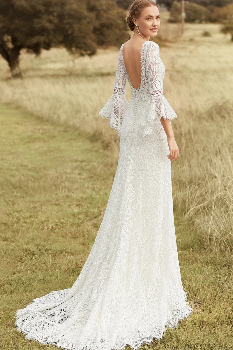 A-line Flounce Sleeve Open Back Floor Length Lace Boho Wedding Dress | Misdress A-line Flounce Sleeve Open Back Floor Length Lace Boho Wedding Dress | Misdress