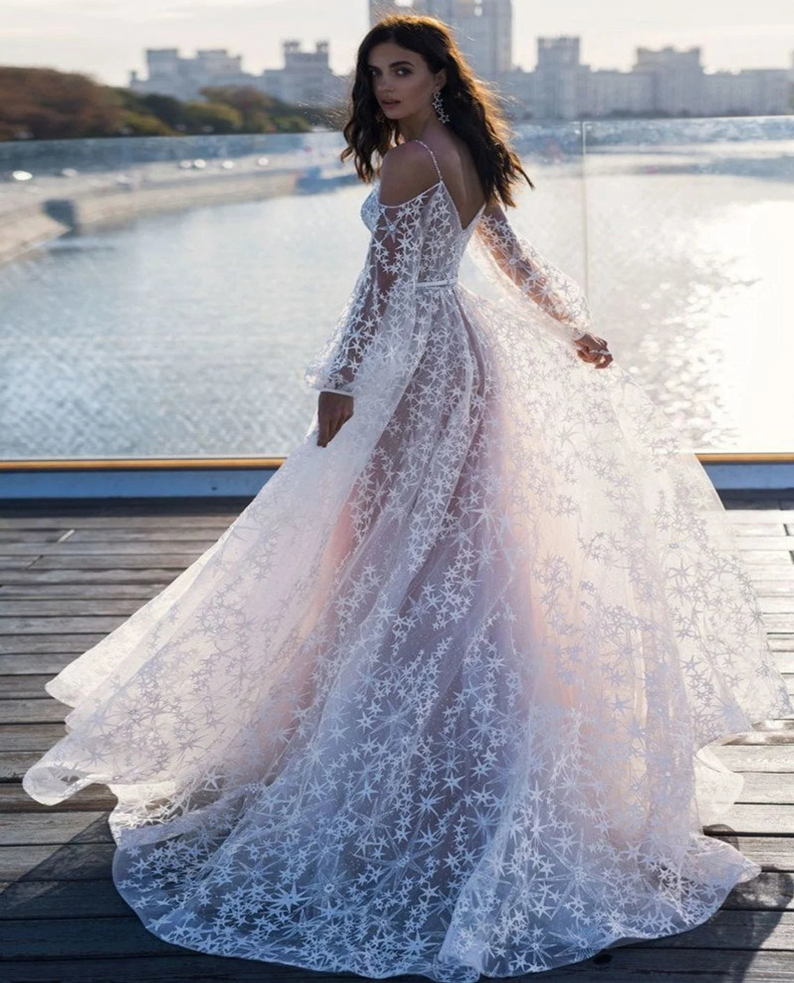 boho lace tulle maxi dress A-line Cold Shoulder Long Sleeve Starry Bridal Wedding – Misdress Size:21-21½ 36/37 Handmade Rhinestones lace Applique gender:w Bridal gown ethereal look