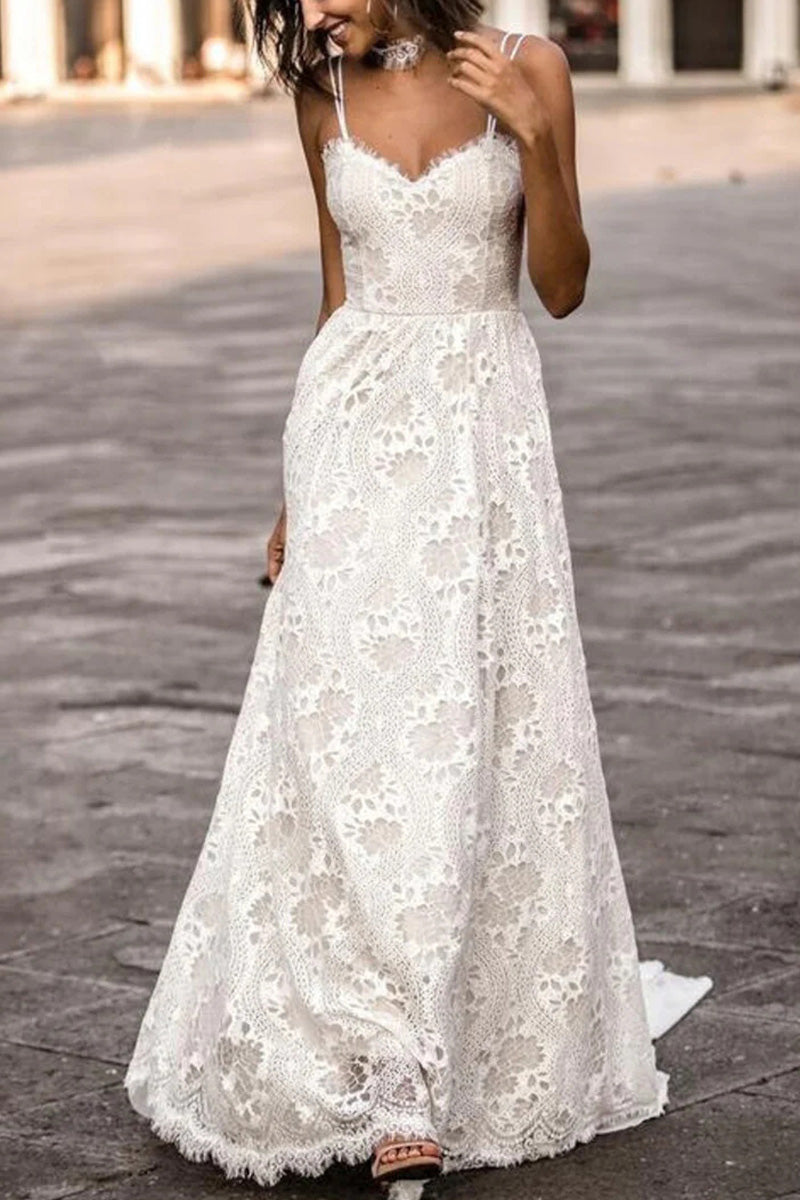 Boho A-line Double Straps Floor Length French Lace Wedding Dress Boho A-line Double Straps Floor Length French Lace Wedding Dress