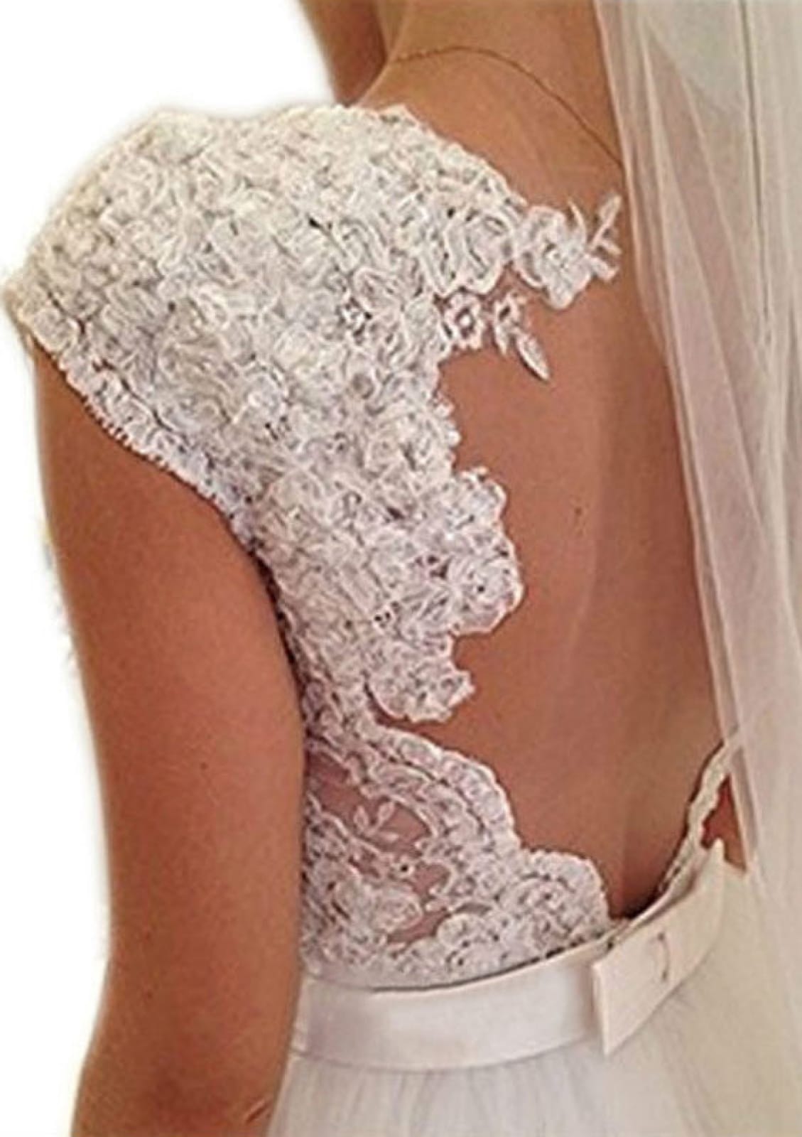 Illusion Back Ivory Lace Tulle Sleeveless Bridal Wedding 