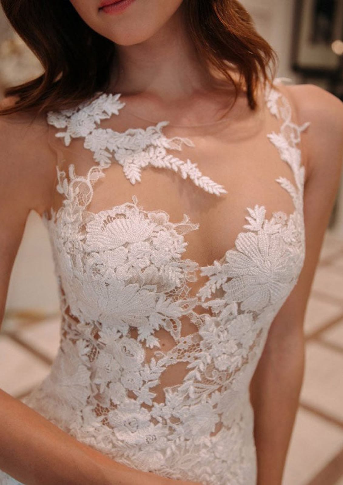 Illusion Back A-Line Bateau Sweep Ivory Lace Tulle Wedding 