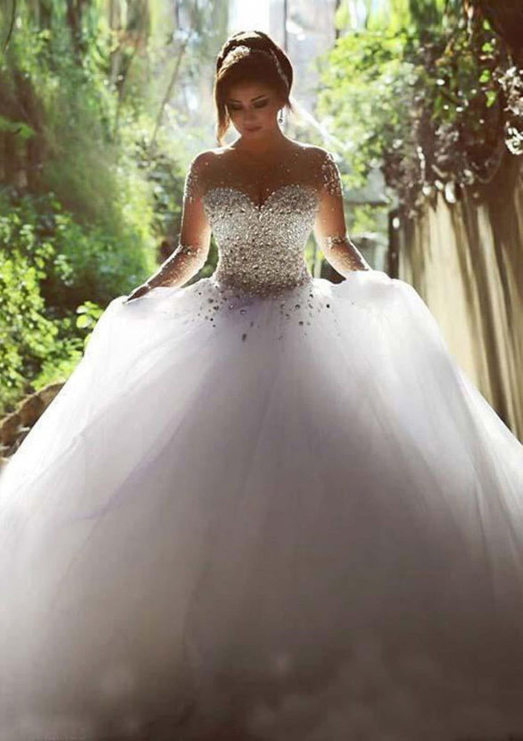 rhinestone wedding dress Illusion Ball Gown Chapel White Tulle Wedding Dress, Rhinestone