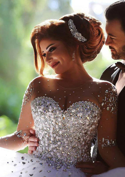 Illusion Ball Gown Chapel White Tulle Wedding Dress 